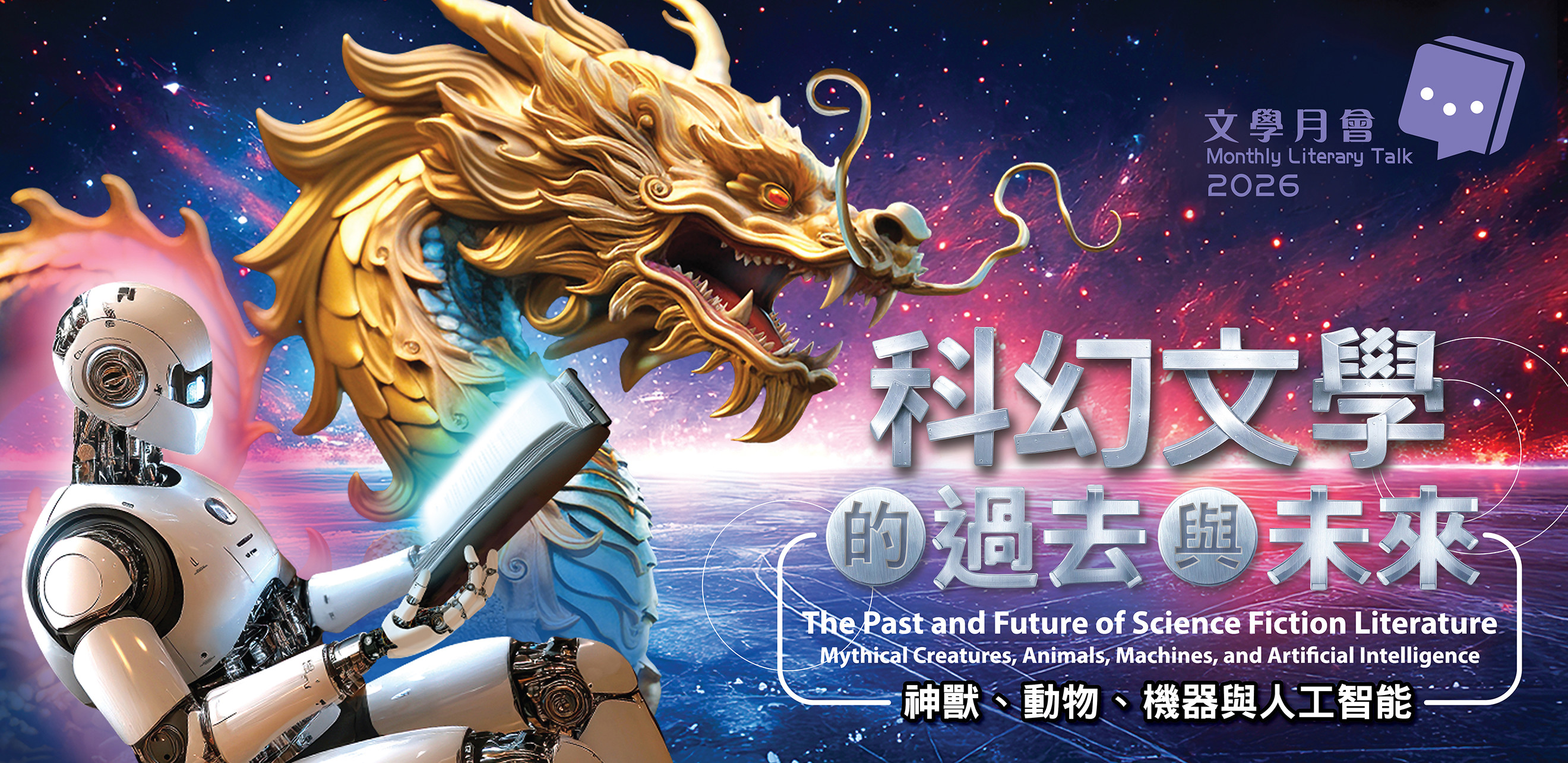 Science Fiction Literature: The Past and Future promotional poster featuring a golden Chinese dragon and humanoid robot against a purple cosmic background, exploring themes of mythical creatures, animals, machines and artificial intelligence.
