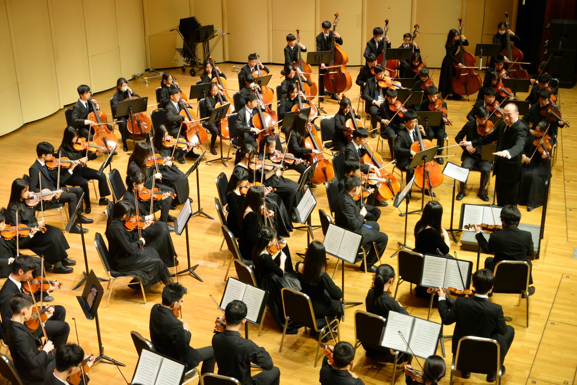 Orchestra performing in concert hall with conductor leading musicians playing string instruments in formal attire.